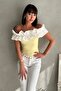 Gathered Madonna Collar Ruffled Stretchy Corded Fabric Slim Fit Stylish Blouse - 7