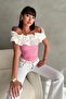 Gathered Madonna Collar Ruffled Stretchy Corded Fabric Slim Fit Stylish Blouse - 5