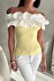 Gathered Madonna Collar Ruffled Stretchy Corded Fabric Slim Fit Stylish Blouse - 4