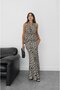 Leopard Patterned Satin Degaje Collar Blouse Skirt Suit - 2