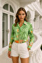 Women's Satin Tropical Patterned Slim Fit Shirt - Desing Shirt with Hidden Button Detail - 3