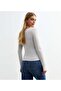 Women's Gray Melange Long Sleeve, Deep Pool Neck Blouse, Ribbed Camisole Fabric - 4