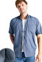 Men's Navy Blue Short Sleeve Shirt with Pockets, Collar Buttons, Cotton - 3