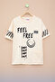 Cream Pocket Detailed Text Printed Boys' Crew Neck T-Shirt 20907