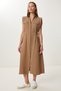 Belt Detailed Midi Linen Dress Ldp0069 Mink