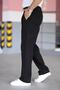 Double Pleated Black Color Half Elastic Waist Quality Relaxed Cut Linen Baggy Trousers - 3