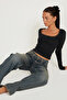 Women’s Black Square-Neck Lace Long Sleeve Cropped Top Blouse - 8
