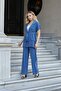 Women's Silky Modal Fabric Collar Off-Shoulder Epaulets Short Sleeve Button down Jacket with Waist Belt-Indigo - 2