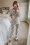 Women's White Kokina Patterned Pajama Set – Camisole Collar and Cuffs, Curved Hem - 6