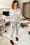 Women's White Kokina Patterned Pajama Set – Camisole Collar and Cuffs, Curved Hem - 4