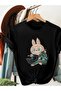 Black Casual T-Shirt with Cute Cartoon Rabbit and Dragon Design for Women -
