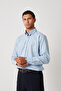 Light Blue Men's Linen Texture Shirt – 100% Cotton, Long Sleeve, Regular Fit, Stand Collar - 5