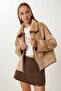 Women's Biscuit Brown Double Sided Polo Collar Jacket Kt00015 - 2