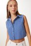Women's Navy Blue White Pocket Crop Woven Shirt Cr00526 - 3