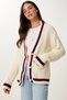 Women's Cream V-Neck Stripe Detailed Knitwear Cardigan Pf00085