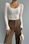 Women's Ecru U-Neck Long Sleeve Viscose Knitwear Blouse - 2