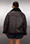 Kahverengi Oversize Kalıp Peluş Detaylı Biker Büyük Beden Ceket Mont TBBAW25AW00001 - 5