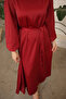 Burgundy Judge Collar Balloon Sleeve Satin Evening Dress - 5