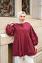 Women's Balloon Sleeve Pleated Detailed Tunic Claret Red - 2