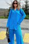 Women's Blue Long Tunic Shirt & Elastic Waist, Wide Leg Trousers - Loose Wrap Suit - 7