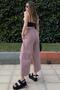 Women's Burgundy Elastic High Waist, Pocket, Slit, Wide Leg, Loose Linen Capri Pants - 3