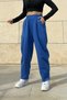 Women's Cobalt Blue High Waist, Pockets, Elastic Waist, Loose Gabardine Trousers - 6