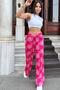 Women's Fuchsia Ethnic Patterned, Elastic Waist, Wide Legs, Loose Satin Trousers - Suitable for Hijab - 2