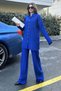 Women's Blue Seersucker Fabric, Double Pocket Shirt & Wide Leg Pants - Loose Bottom & Top Set - 7