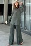 Women's Dark Green Long Tunic Shirt & Elastic Waist, Wide Leg Trousers - Loose Wrap Suit - 2