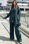 Women's Emerald Green Long Tunic Shirt & Elastic Waist, Wide Leg Pants - Loose Wrap Suit - 2