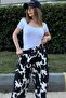 Women's Black Elastic Waist, Pockets, Patterned Gabardine Fabric, Loose Trousers - 5