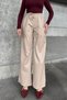 Beige Elastic High Waist, Pocket, Loose Leg, Loose Leather Pants - Suitable for Hijab - 3
