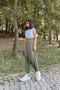 Women's Khaki High Waist, Elastic Leg, Loose Knitted Baggy Trousers - 5