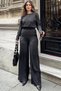 Women's Black Buttoned Round Neck Blouse & Wide Leg Pants with Elastic Waist - Loose Maya Set - 5