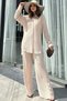 Women's Beige Long Tunic Shirt & Elastic Waist, Wide Leg Trousers - Loose Wrap Suit - 8