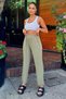 Women's Khaki High Waist, Pockets, Relaxed Fit, Linen Trousers - 2