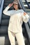 Women's Beige Plaid Garnished, Relaxed Fit, Hooded Two Thread Sweatshirt - 5