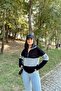 Women's Black Long Sleeve, Stand Collar, Zipper, Double Color Block Basic Sweatshirt Blouse - 3