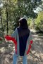 Women's Navy Blue Polo Collar, Bat Sleeve, Elastic Cuff, Asymmetric Color Block, Loose Sweatshirt Blouse - 7