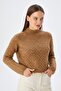 6855 Women's High Neck Braided Knitwear Sweater Camel - 3