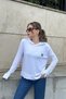 Women's White Long Sleeve, Hooded Sweatshirt Blouse with Slit Detail, Crest and Text Detail - 5
