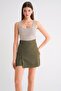 4565 Women's Slit Buckle Detailed Linen Skirt Khaki