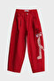 Women's Red Color 6s5-19 Wide Pleat Leg Relaxed Fit Panther Embroidered Design Denim Jeans - 2