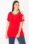 Women's Large Size Red One-Shoulder Blouse with Glitter Detail on the Collar 65n29510 - 5