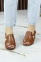 Saules Tan Genuine Calfskin Cutout Detailed Rubber Band Thick Heeled Sandals - 3