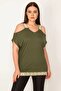 Women's Large Size Khaki Shoulder Low-cut Strap and Hem with Sequin Lace Detailed Blouse 65n22701 - 7