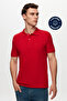 Regular Fit Red Pique Textured 100% Cotton Non-Curling Polo Neck Embroidered T-Shirt - 2