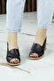 Seras Black Genuine Calfskin Cross Strap Hole Detailed Thick Heeled Daily Sandals - 3