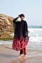 Women's Red Feather Panel Patterned Single Pareo on Hijab Swimsuit - 4