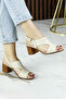 Kanne Beige Genuine Calfskin Velcro Strap Thick Heeled Comfortable Daily Sandals